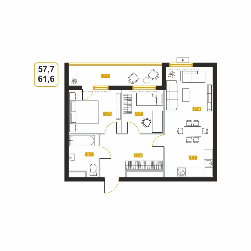 2к. квартира, 58.8 м²