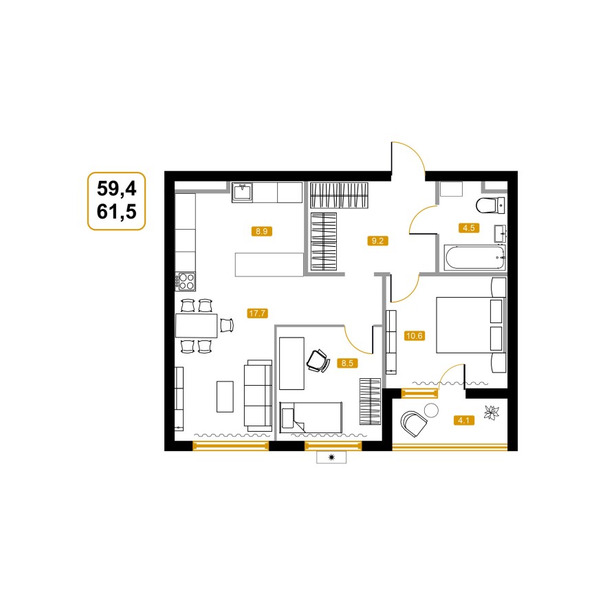 2к. квартира, 60.3 м²
