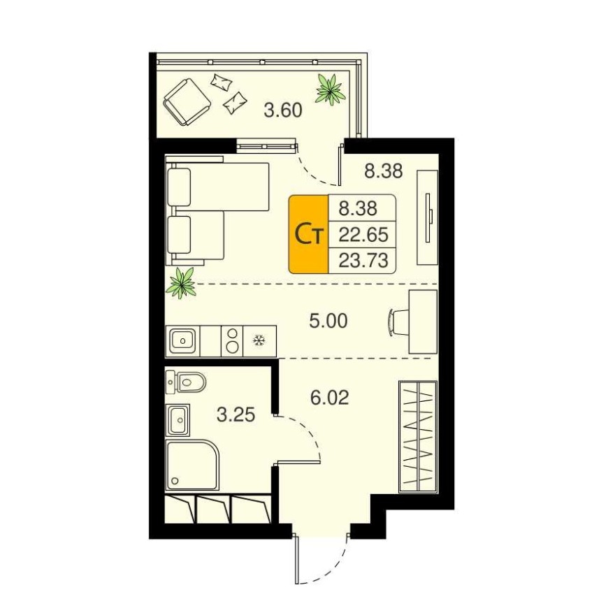 Планировка — Студия-квартира, 23.0 м²
