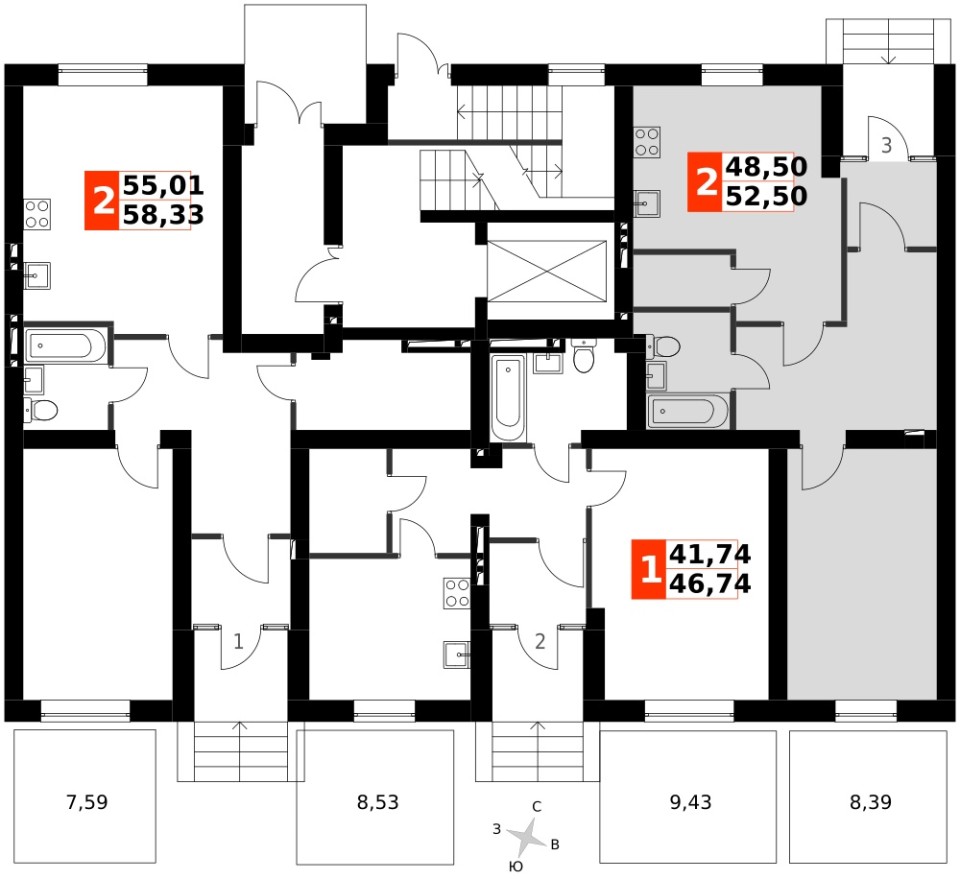 Планировка — 2е квартира, 55.0 м²