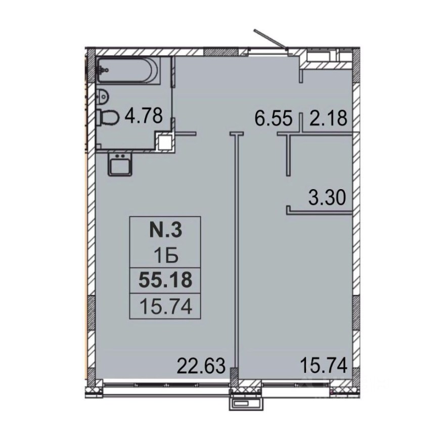 1к. квартира, 55.7 м²