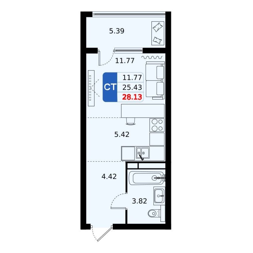 Студия-квартира, 28.1 м²