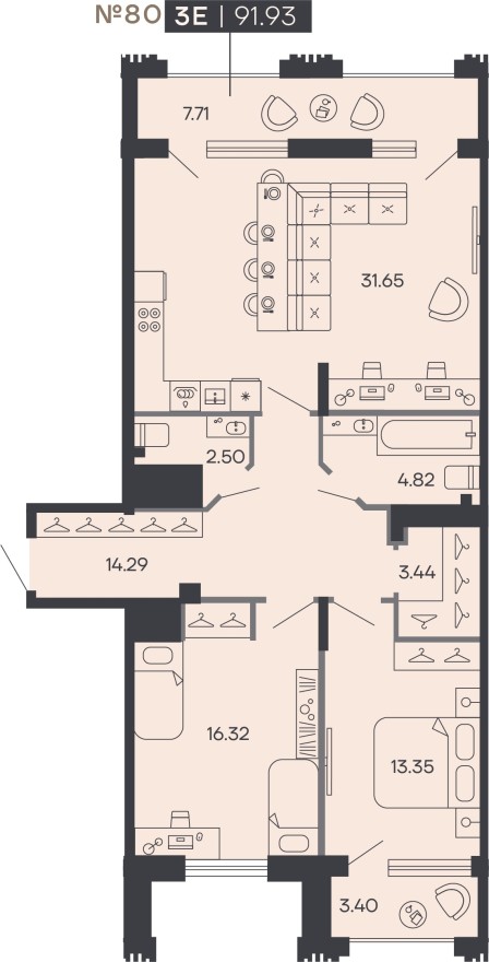 2к. квартира, 91.9 м²