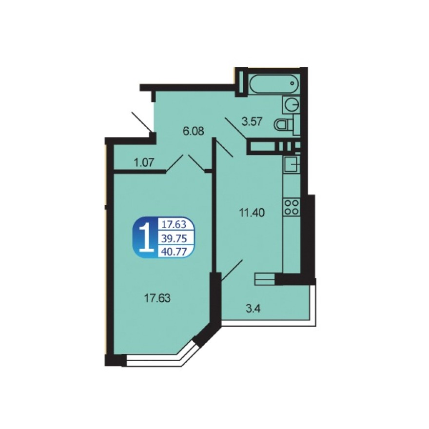 1к. квартира, 40.6 м²