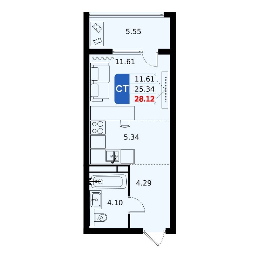 Студия-квартира, 28.1 м²