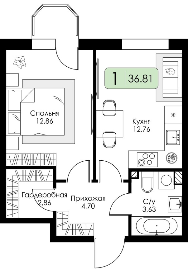 1к. квартира, 36.8 м²