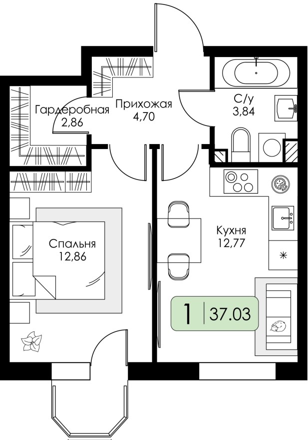 1к. квартира, 37.0 м²