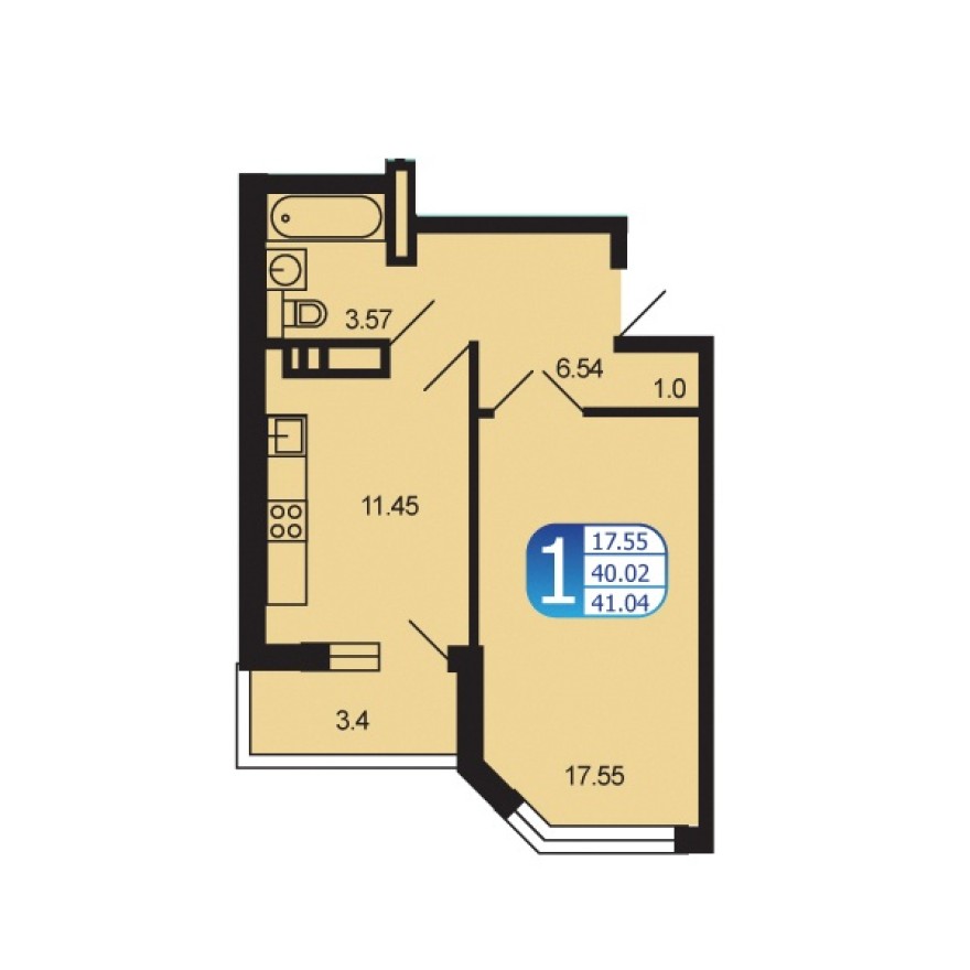 1к. квартира, 41.0 м²