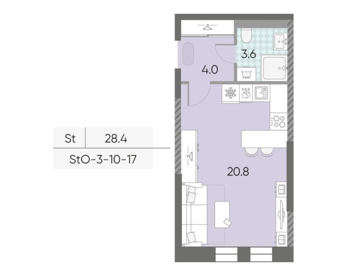 Студия-квартира, 28.4 м²