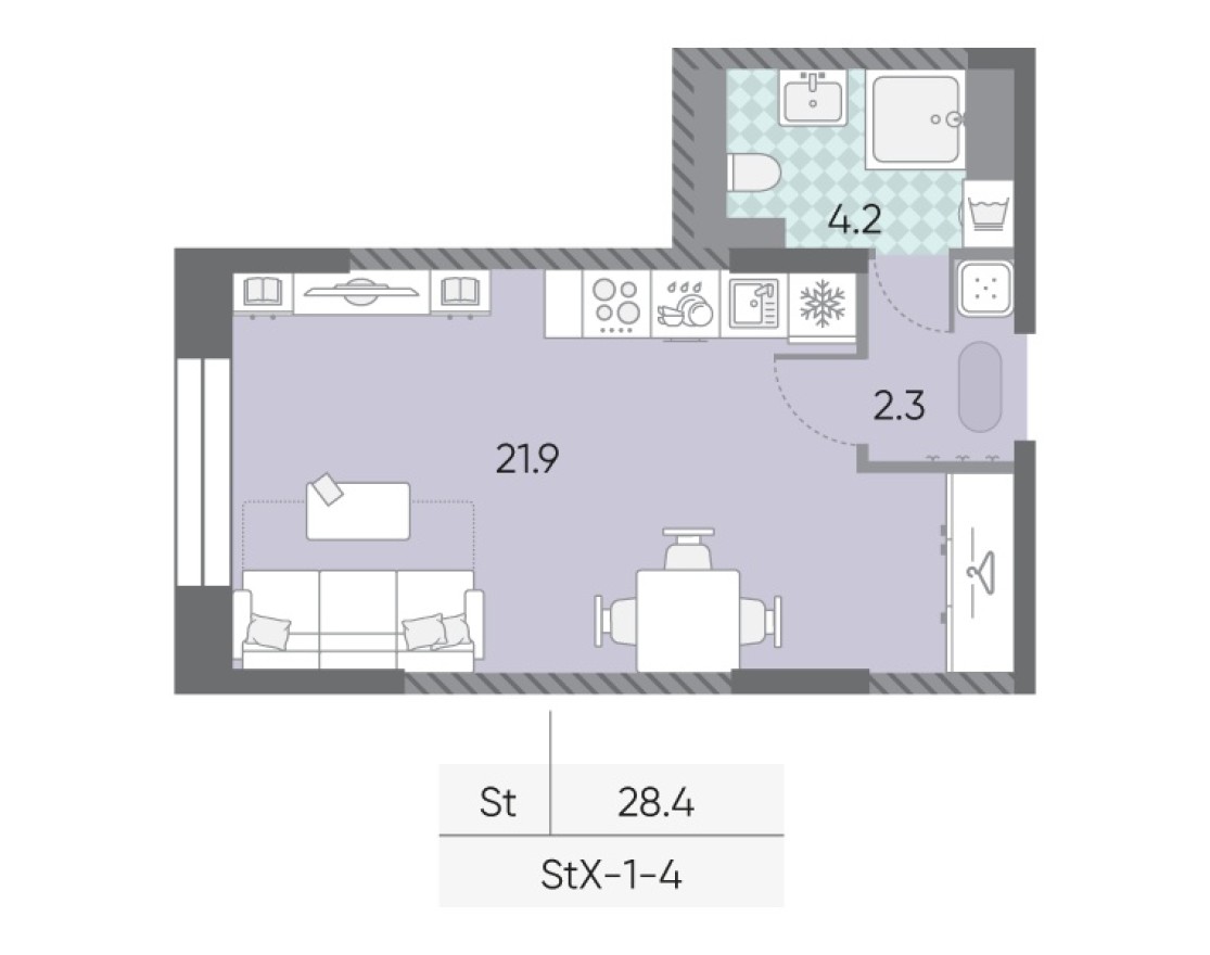 Студия-квартира, 28.4 м²