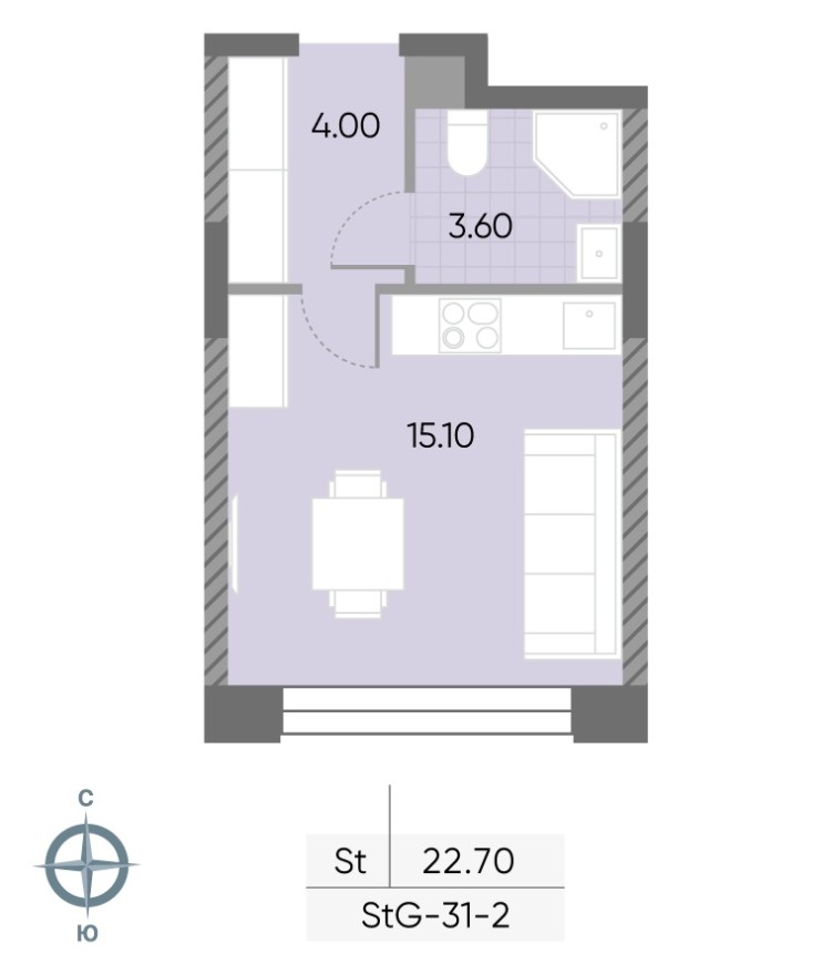 Студия-квартира, 22.7 м²