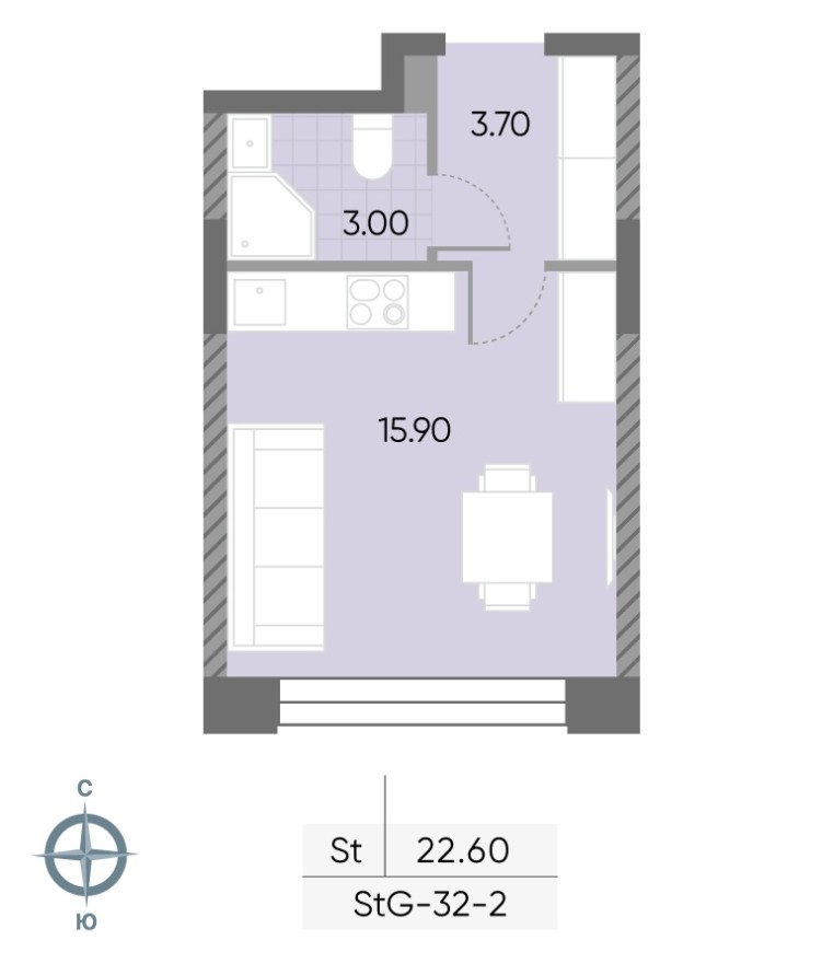 Студия-квартира, 22.6 м²