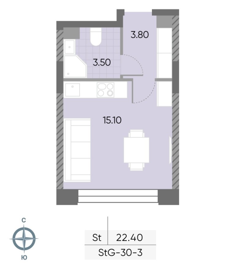Студия-квартира, 22.4 м²