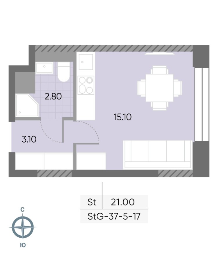 Студия-квартира, 21.0 м²