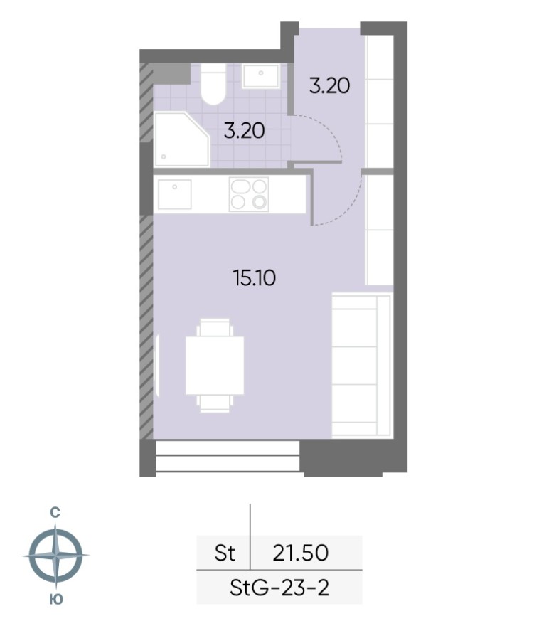 Студия-квартира, 21.5 м²