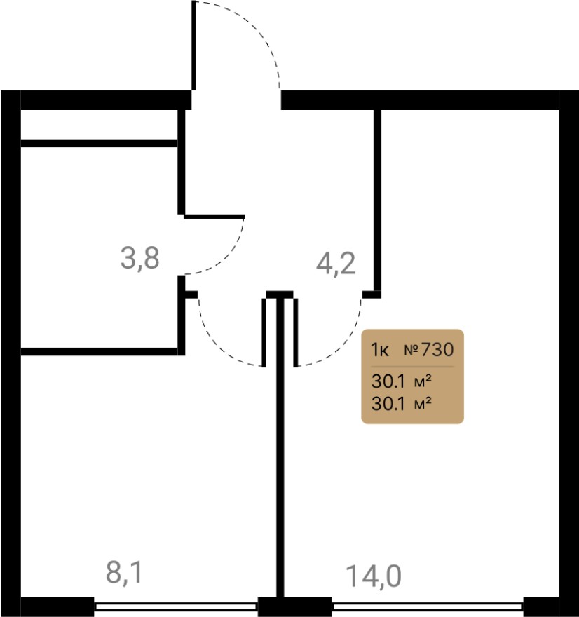 1к. квартира, 30.1 м²