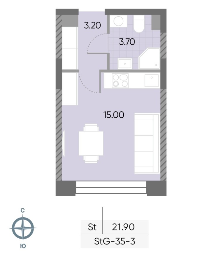 Студия-квартира, 21.9 м²