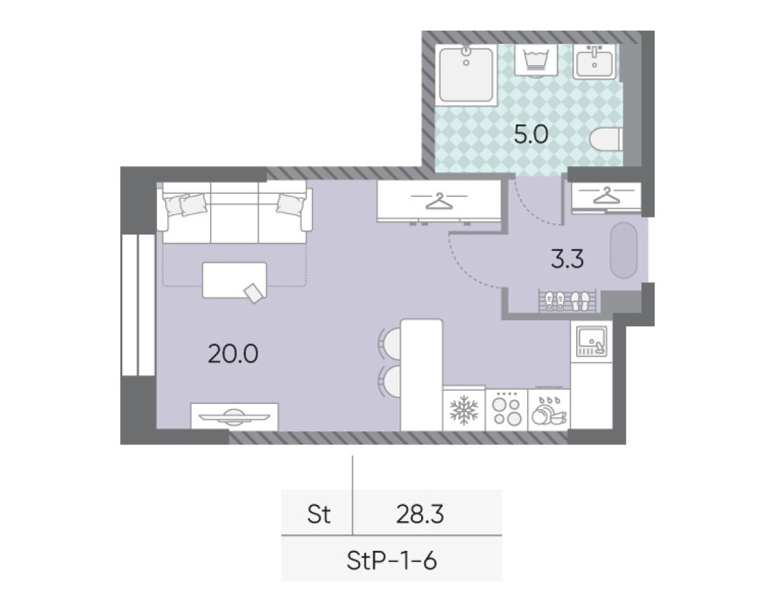Студия-квартира, 28.3 м²