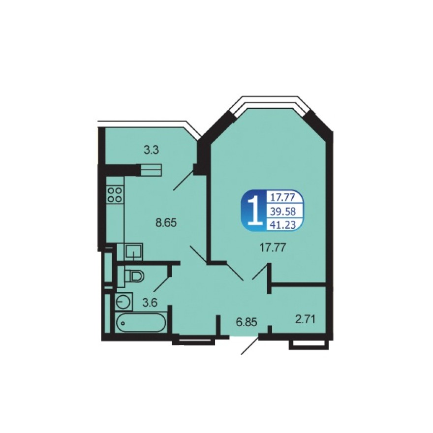 1к. квартира, 41.1 м²