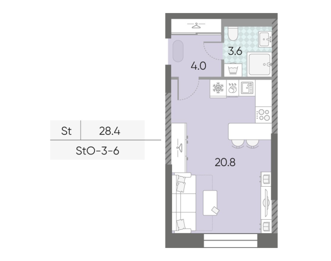 Студия-квартира, 28.4 м²
