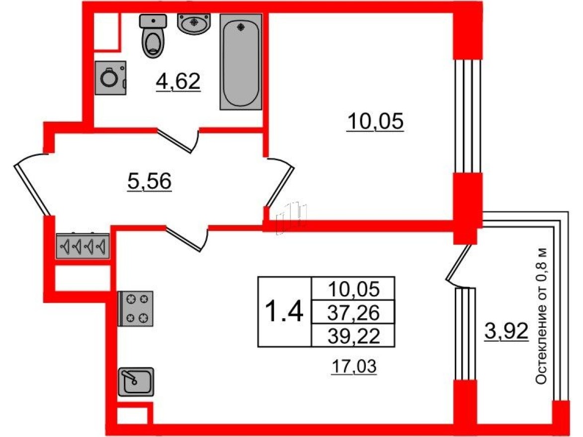 1к. квартира, 37.3 м²