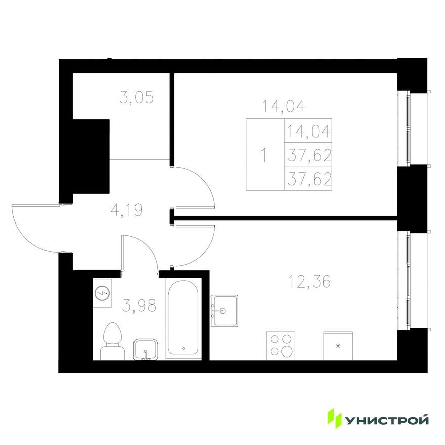 1к. квартира, 37.6 м²