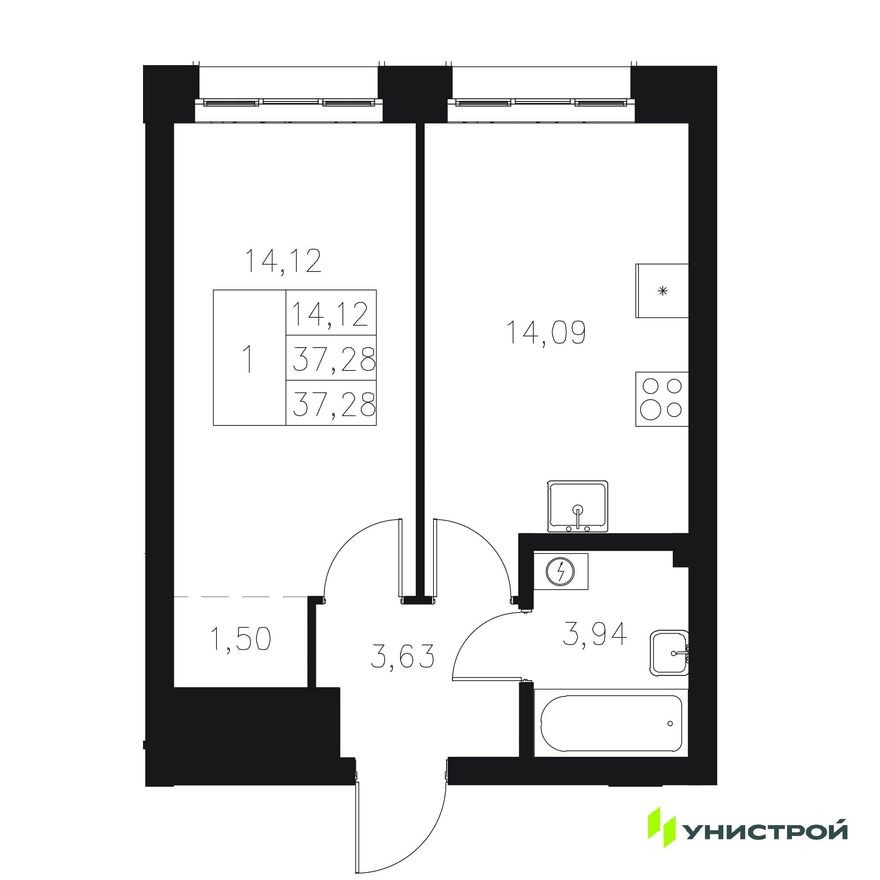 1к. квартира, 37.3 м²
