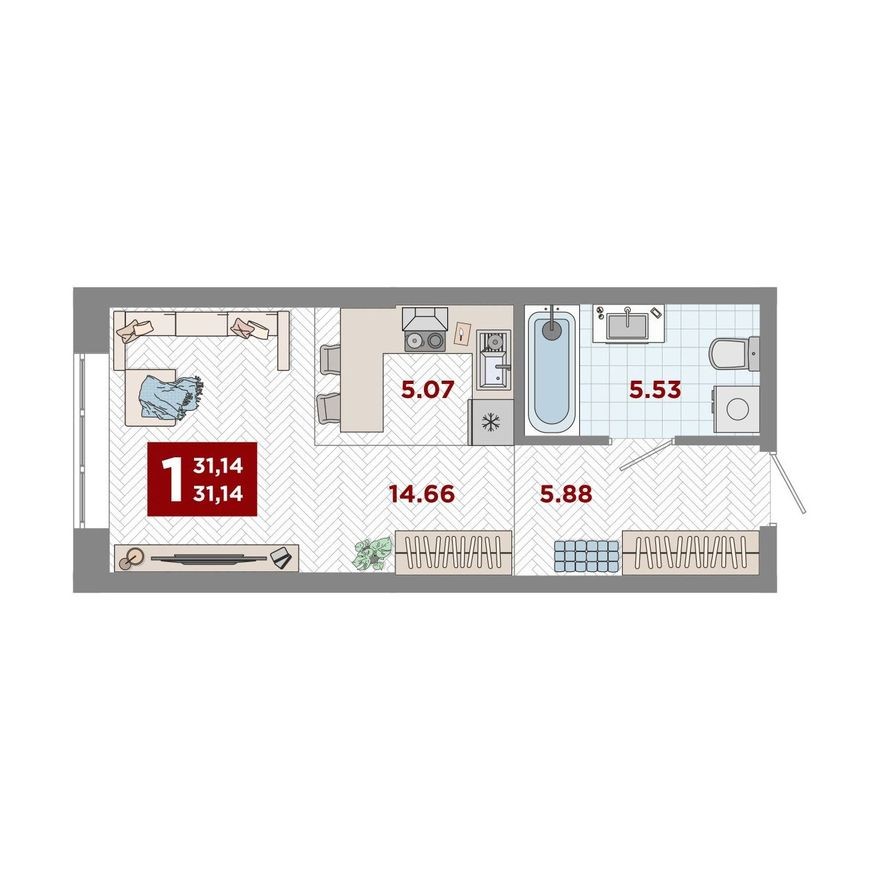 1к. квартира, 31.1 м²