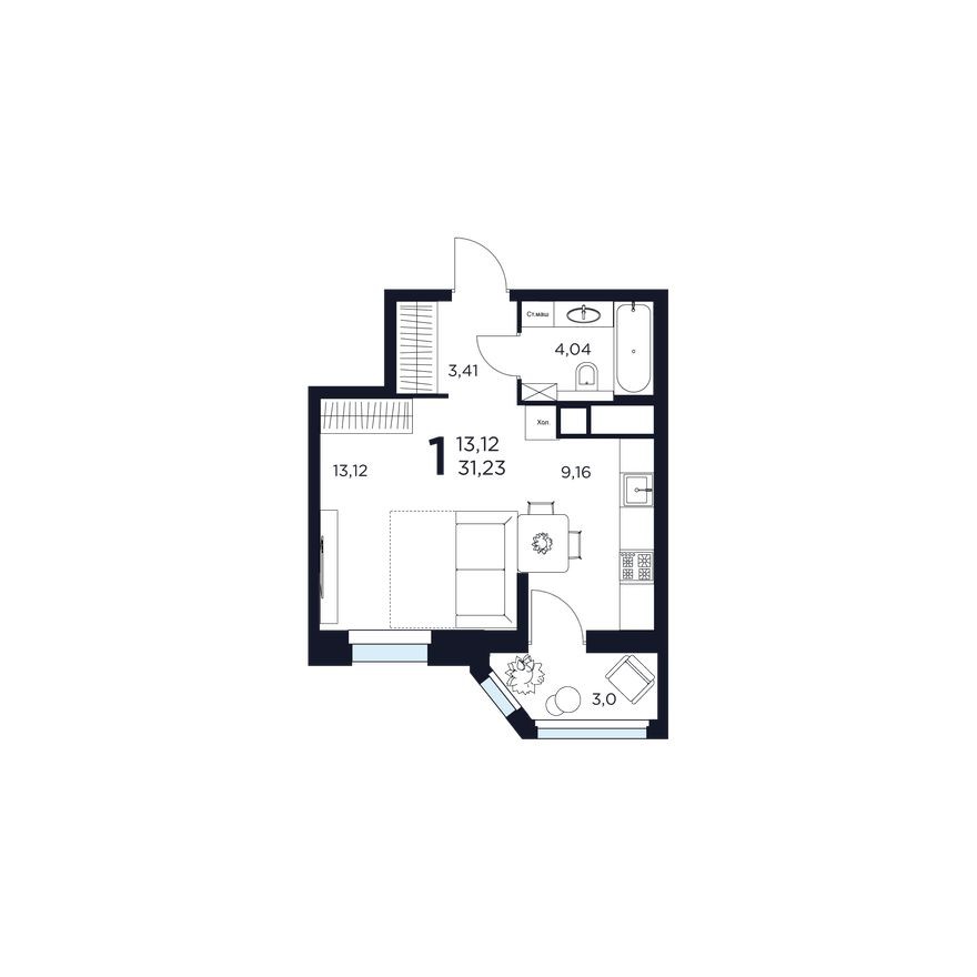 1к. квартира, 31.2 м²