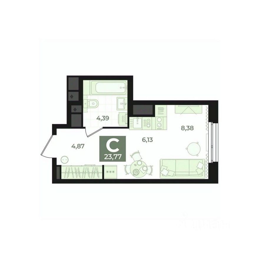 1к. квартира, 23.8 м²