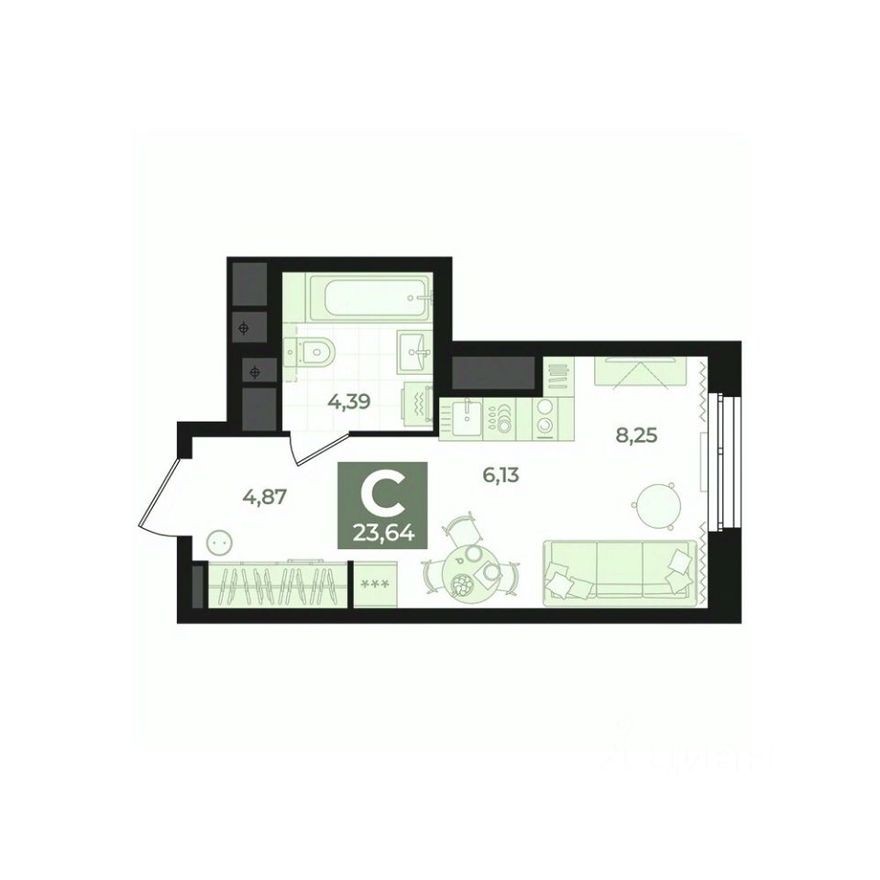 1к. квартира, 23.6 м²