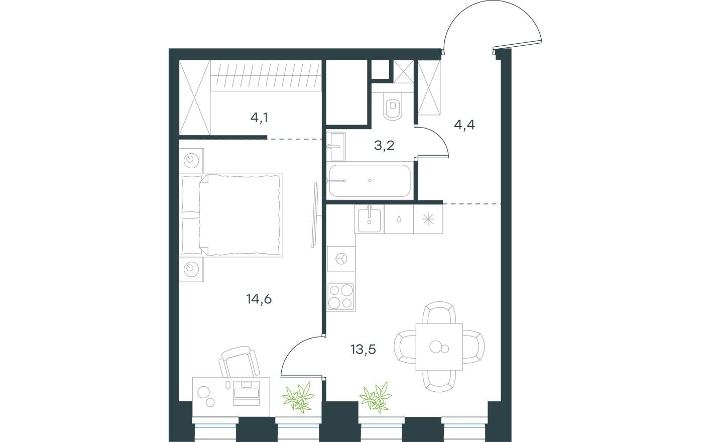 Планировка — 1к. квартира, 39.8 м²