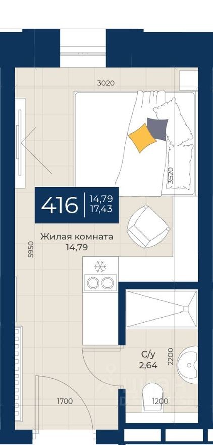 1к. квартира, 17.4 м²