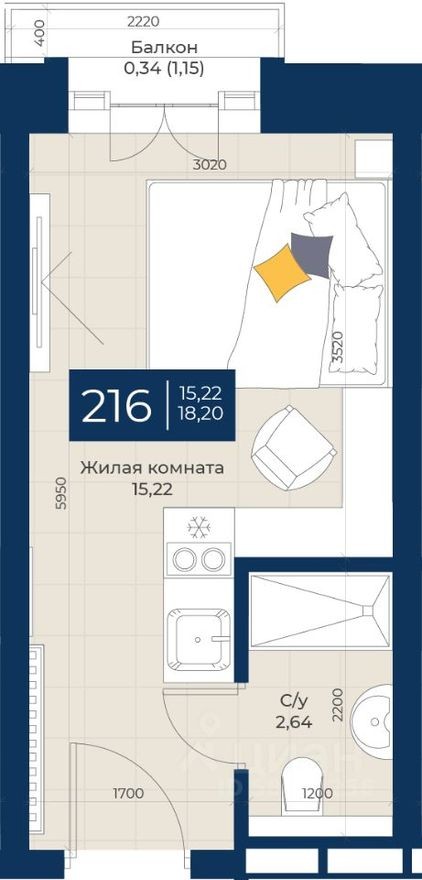 1к. квартира, 18.2 м²