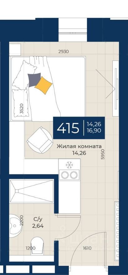 1к. квартира, 16.9 м²