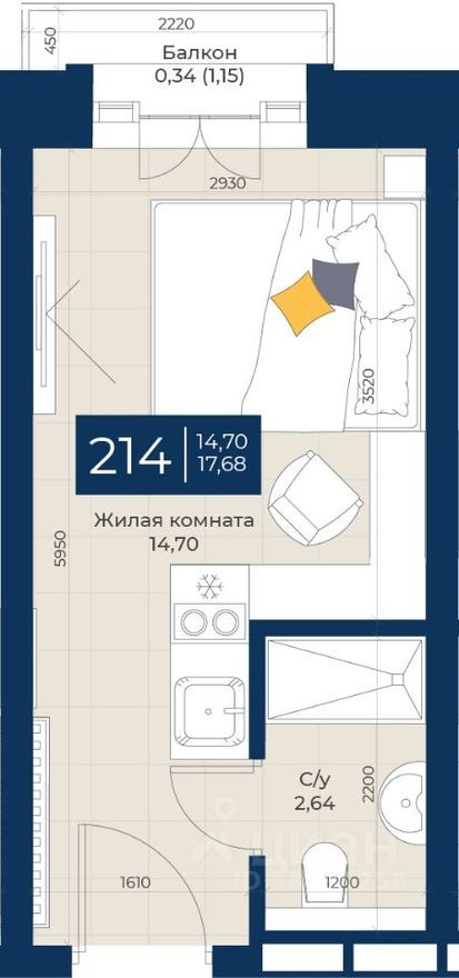 1к. квартира, 17.7 м²