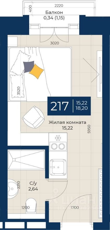 1к. квартира, 18.2 м²