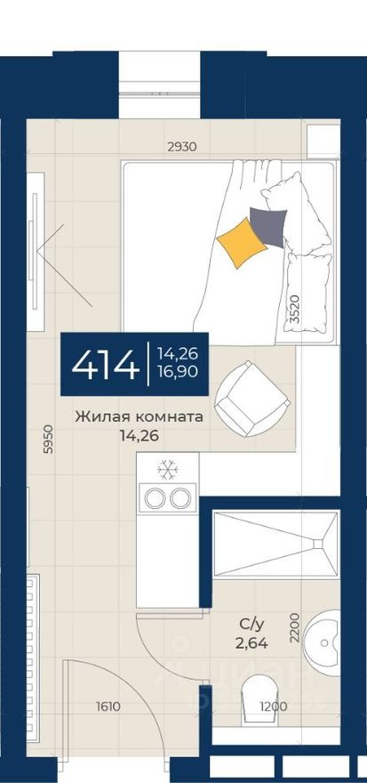 1к. квартира, 16.9 м²