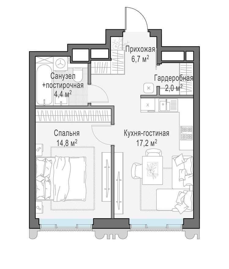 1к. квартира, 44.9 м²