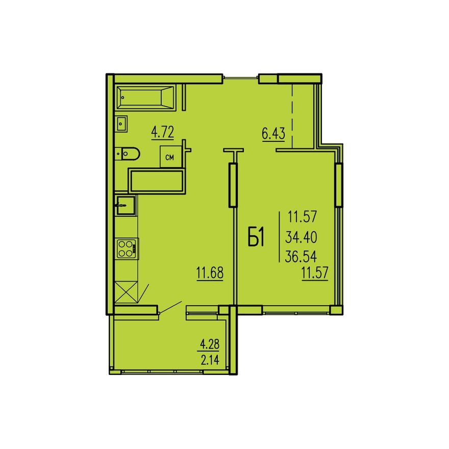 1к. квартира, 36.5 м²