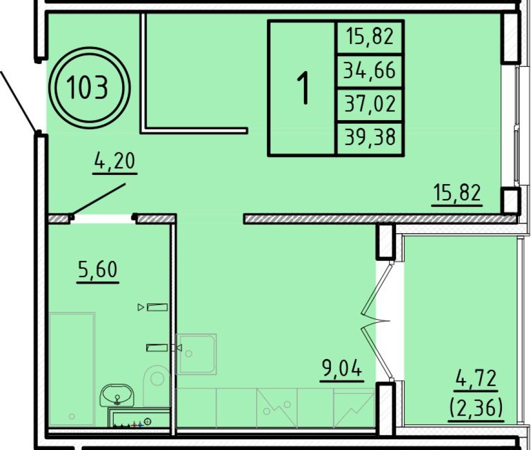 1к. квартира, 34.7 м²