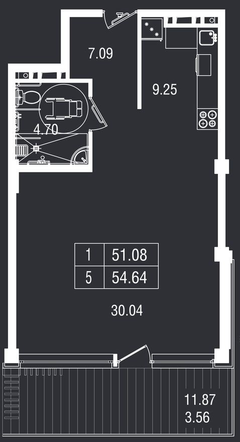 1к. апартаменты, 54.6 м²