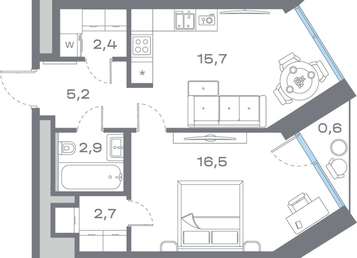1к. квартира, 45.9 м²