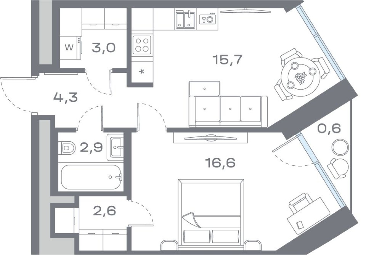 1к. квартира, 45.6 м²