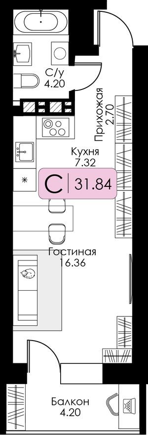 Студия-квартира, 31.8 м²