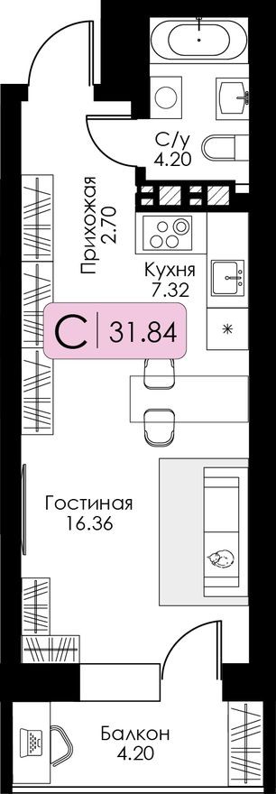 Студия-квартира, 31.8 м²