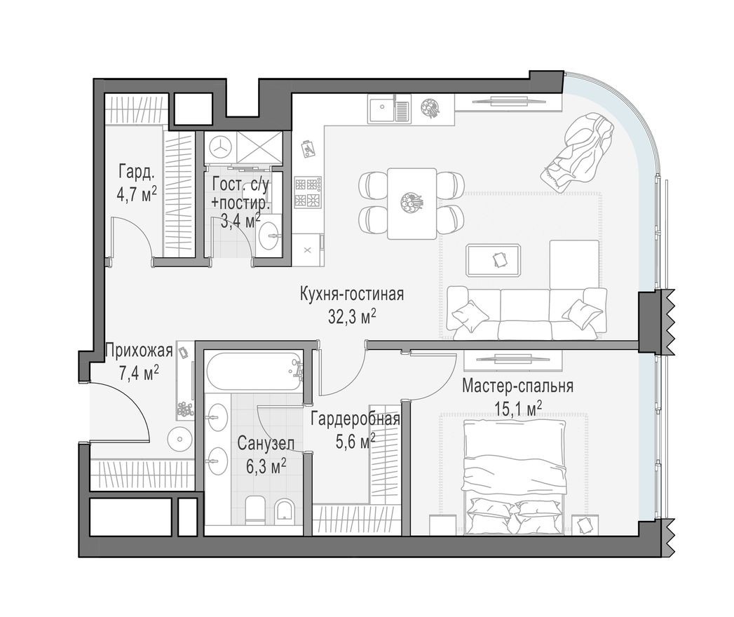 1к. квартира, 74.9 м²