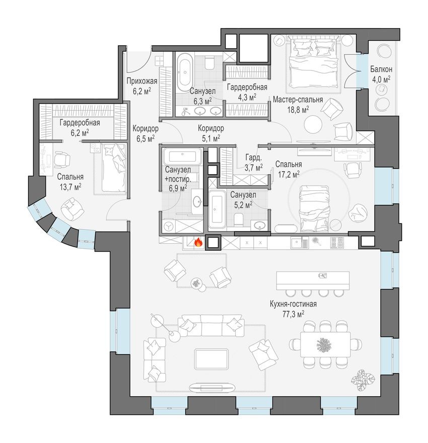 3к. квартира, 180.7 м²