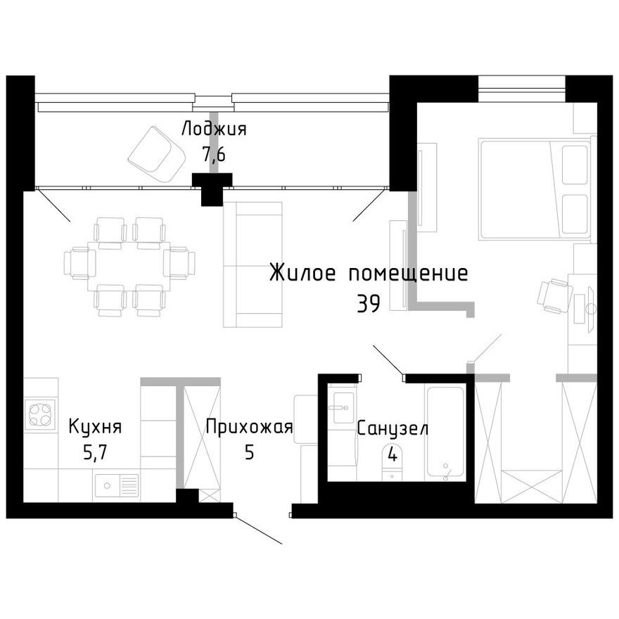 1к. квартира, 54.1 м²