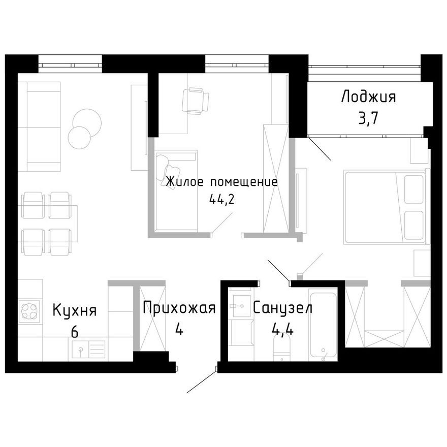 1к. квартира, 59.0 м²
